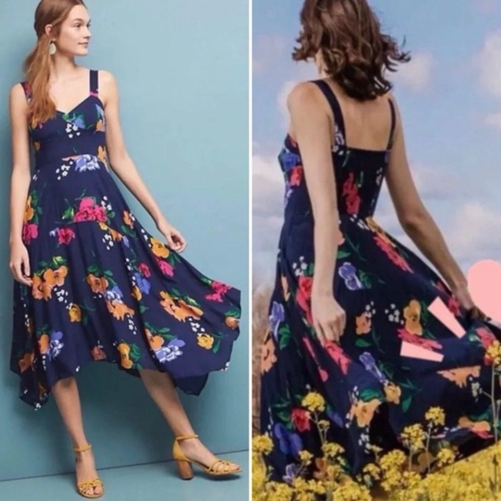 Anthropologie Maeve Vivienne Blue Motif Sweetheart Neckline Midi Dress Size 2 - Picture 1 of 8